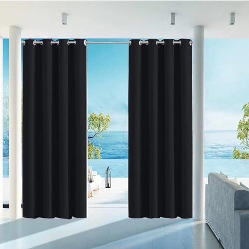 HUAXIQUE Outdoor Vorhang Wasserdicht Wetterfest Blickdicht 132X160cm Schwarz Verdunklungs Vorhänge mit Ösen Sichtschutz Sonnenschutz Outdoor Gardine für Balkon Terrasse Pergola Gartenlaube Veranda von HUAXIQUE