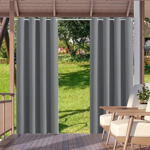 HUAXIQUE Outdoor Vorhang Wasserdicht Wetterfest Blickdicht 155X242cm Grau Verdunklungs Vorhänge mit Ösen Sichtschutz Sonnenschutz Outdoor Gardine für Balkon Terrasse Pergola Gartenlaube Veranda von HUAXIQUE