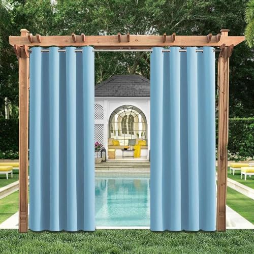 HUAXIQUE Outdoor Vorhang Wasserdicht Wetterfest Blickdicht 155X260cm Hellblau Verdunklungs Vorhänge mit Ösen Sichtschutz Sonnenschutz Outdoor Gardine für Balkon Terrasse Pergola Gartenlaube Veranda von HUAXIQUE