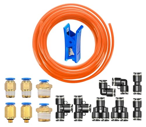HUAZIZ 10 Meter PU Pneumatikschlauch, Pneumatic Polyurethane Schlauch, Orange Flexibel Druckluftschlauch, Outside 8 mm x Inside 5 mm mit 14 Stück BlackPneumatikverbinder (Y/T/L/I förmig) von HUAZIZ