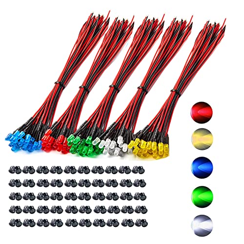 HUAZIZ 100 Stück 3mm Leds mit 20cm Kabel, DC 12V Vorverdrahtetes Licht, Vorverdrahtete LED-Dioden Licht (Rot, Gelb, GRÜN, Weiß, Blau, Jeder 20 Stück) + 100 Stück 3mm LED Montageringe Plastik von HUAZIZ