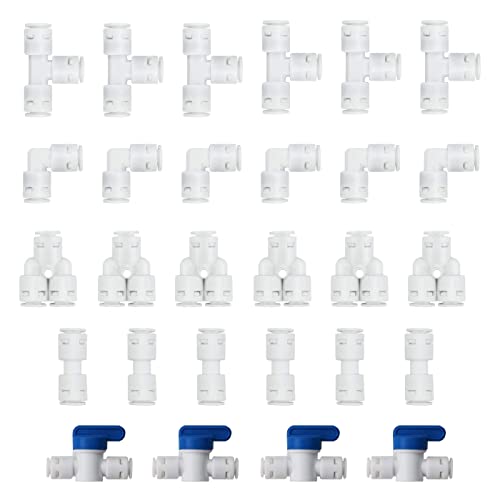 HUAZIZ 28 Stück Universal Anschluss-Set Adapter Fitting Verbindungsstück,RO Wasserfilter Fitting,für 1/4 Zoll (6mm) Schlauch, Kühlschrankschlauch, Wasserschlauch (Y + T + I + L Typ + Absperrventil) von HUAZIZ