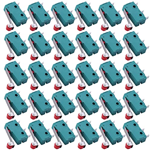 HUAZIZ 30 Stücke 250V 5A SPDT 1NO 1NC Momentary Scharnier Rollenhebel Mikroschalter 3 Pins, Endschalter mit Momentanem Roller Hebel Arm Snap Aktion Scharnier Mini Wechselschalter, Grün von HUAZIZ