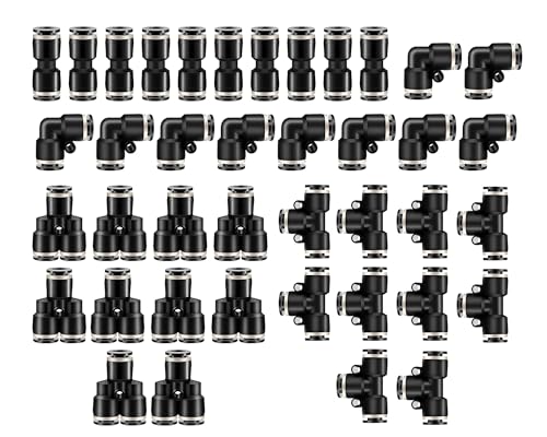 HUAZIZ 40 Stück Pneumatic Push to Connect Fittings, Schwarz Pneumatische Armaturen Kit, 10 Stück Spliter+10 Stück Ellenbogen+10 Stück Tee+10 Stück Gerade(OD 6 mm) von HUAZIZ