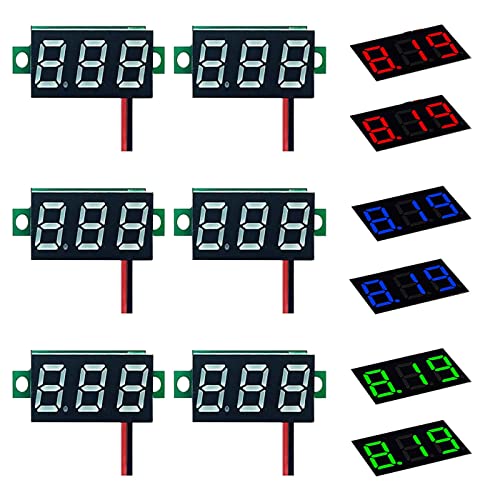 HUAZIZ 6 Stück 0,36 Zoll Mini Digital Voltmeter, LED-Anzeige Voltmeter, Messbereich DC 2.4-30V, Zwei Drähte Spannungsprüfer, Verpolungsschutz und Genaue Druckmessung (Rot, Grün, Blau) von HUAZIZ