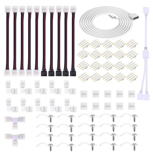 HUAZIZ LED Strip Verbinder Kit, LED Strip Verbinder, LED Stripe Verlängerung Enthält Lötfreiem LED Streifen, Für 10mm 4 Polig RGB 5050(94 Stück) von HUAZIZ