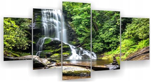 HUBDECO 5-Teiliges Leinwand Bild Wohnzimmer - Bilder, Poster, Kunstdrucke - Leinwandbild - Bild auf Leinwand - Tolle Zimmerdekoration - Schlafzimmer Bilder - 158x90 cm Wald Wasserfall von HUBDECO