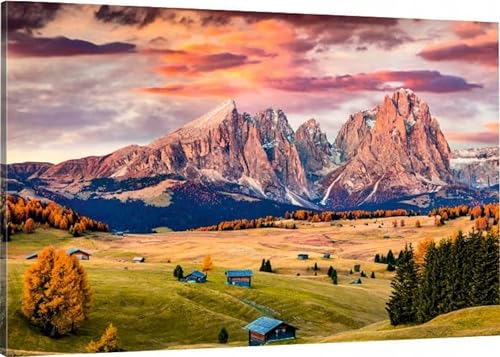 HUBDECO Leinwand Bilder Wohnzimmer - Bilder, Poster, Kunstdrucke - Leinwandbild - Bild auf Leinwand - Tolle Zimmerdekoration - Schlafzimmer Bilder - 120x80 cm - Dolomiten Berge von HUBDECO