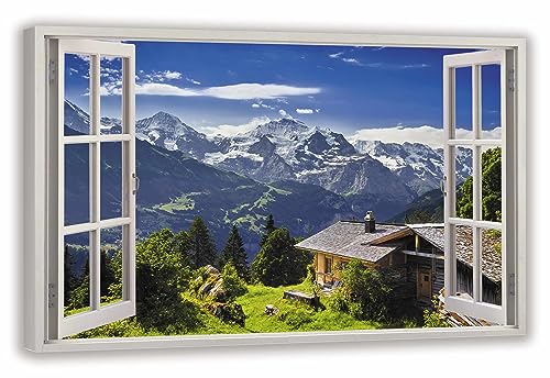 HUBDECO Leinwandbild Fensterblick Alpenberge Bild 70x50 cm - Landschaftsbilder auf Leinwand - Wandbilder Wohnzimmer - Bild Fenster mit Ausblick - Aesthetic Room Decor - Wanddeko Schlafzimmer von HUBDECO