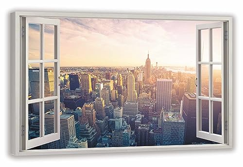 HUBDECO Leinwandbild Fensterblick Bilder New York Bild 70x50 cm - Landschaftsbilder auf Leinwand - Wandbilder Wohnzimmer - Bild Fenster mit Ausblick - Aesthetic Room Decor - Wanddeko Schlafzimmer von HUBDECO