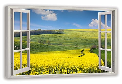 HUBDECO Leinwandbild Fensterblick Blumenlandschaft Bild 100x70 cm - Landschaftsbilder auf Leinwand - Wandbilder Wohnzimmer - Bild Fenster mit Ausblick - Aesthetic Room Decor - Wanddeko Schlafzimmer von HUBDECO