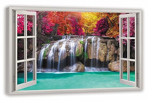 HUBDECO Leinwandbild Fensterblick Bunter Wasserfall Bild 70x50 cm - Landschaftsbilder auf Leinwand - Wandbilder Wohnzimmer - Bild Fenster mit Ausblick - Aesthetic Room Decor - Wanddeko Schlafzimmer von HUBDECO