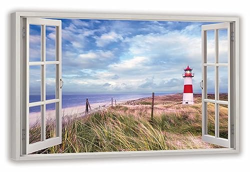 HUBDECO Leinwandbild Fensterblick Dünen Bild 70x50 cm - Landschaftsbilder auf Leinwand - Wandbilder Wohnzimmer - Bild Fenster mit Ausblick - Aesthetic Room Decor - Wanddeko Schlafzimmer von HUBDECO