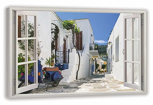 HUBDECO Leinwandbild Fensterblick Griechische Straße Bild 70x50 cm - Landschaftsbilder auf Leinwand - Wandbilder Wohnzimmer - Bild Fenster mit Ausblick - Aesthetic Room Decor - Wanddeko Schlafzimmer von HUBDECO