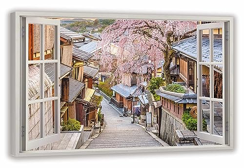 HUBDECO Leinwandbild Fensterblick Japanische Sakura Bild 70x50 cm - Landschaftsbilder auf Leinwand - Wandbilder Wohnzimmer - Bild Fenster mit Ausblick - Aesthetic Room Decor - Wanddeko Schlafzimmer von HUBDECO