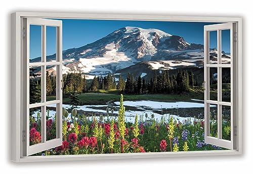 HUBDECO Leinwandbild Fensterblick Karpaten Bild 120x80 cm - Landschaftsbilder auf Leinwand - Wandbilder Wohnzimmer - Bild Fenster mit Ausblick - Aesthetic Room Decor - Wanddeko Schlafzimmer von HUBDECO