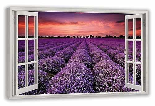 HUBDECO Leinwandbild Fensterblick Lavendelfeld Bild 100x70 cm - Landschaftsbilder auf Leinwand - Wandbilder Wohnzimmer - Bild Fenster mit Ausblick - Aesthetic Room Decor - Wanddeko Schlafzimmer von HUBDECO