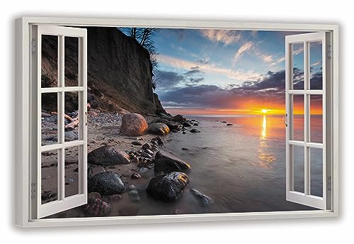 HUBDECO Leinwandbild Fensterblick Maritime Bilder Bild 70x50 cm - Landschaftsbilder auf Leinwand - Wandbilder Wohnzimmer - Bild Fenster mit Ausblick - Aesthetic Room Decor - Wanddeko Schlafzimmer von HUBDECO