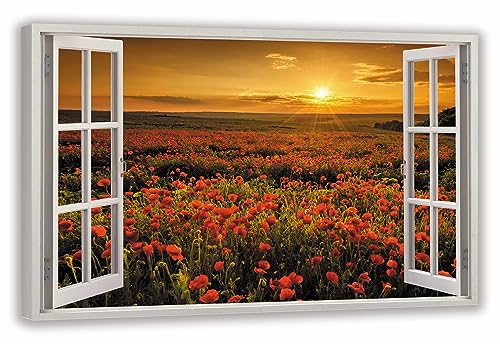 HUBDECO Leinwandbild Fensterblick Mohnblumen Bild 70x50 cm - Landschaftsbilder auf Leinwand - Wandbilder Wohnzimmer - Bild Fenster mit Ausblick - Aesthetic Room Decor - Wanddeko Schlafzimmer von HUBDECO