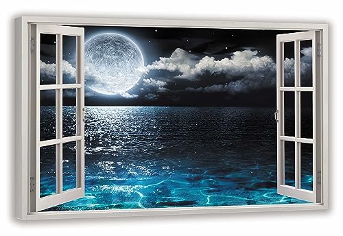 HUBDECO Leinwandbild Fensterblick Mondmeer Bild 70x50 cm - Landschaftsbilder auf Leinwand - Wandbilder Wohnzimmer - Bild Fenster mit Ausblick - Aesthetic Room Decor - Wanddeko Schlafzimmer von HUBDECO