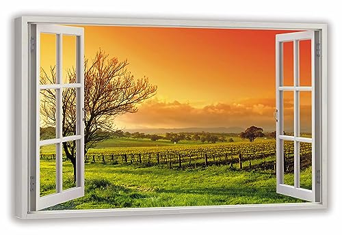 HUBDECO Leinwandbild Fensterblick Naturfeld Bild 100x70 cm - Landschaftsbilder auf Leinwand - Wandbilder Wohnzimmer - Bild Fenster mit Ausblick - Aesthetic Room Decor - Wanddeko Schlafzimmer von HUBDECO