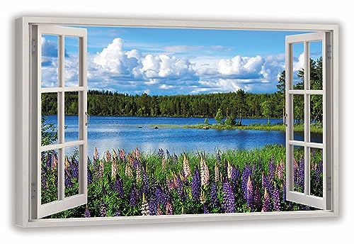 HUBDECO Leinwandbild Fensterblick Natursee Bild 100x70 cm - Landschaftsbilder auf Leinwand - Wandbilder Wohnzimmer - Bild Fenster mit Ausblick - Aesthetic Room Decor - Wanddeko Schlafzimmer von HUBDECO