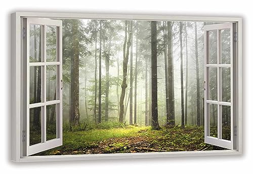 HUBDECO Leinwandbild Fensterblick Nebelwald Bild 100x70 cm - Landschaftsbilder auf Leinwand - Wandbilder Wohnzimmer - Bild Fenster mit Ausblick - Aesthetic Room Decor - Wanddeko Schlafzimmer von HUBDECO