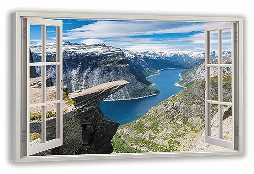 HUBDECO Leinwandbild Fensterblick Norwegens Fjorde Bild 120x80 cm - Landschaftsbilder auf Leinwand - Wandbilder Wohnzimmer - Bild Fenster mit Ausblick - Aesthetic Room Decor - Wanddeko Schlafzimmer von HUBDECO