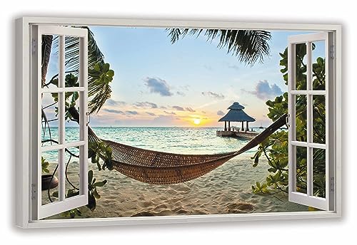 HUBDECO Leinwandbild Fensterblick Ocean Hammock Beach Bild 120x80 cm - Landschaftsbilder auf Leinwand - Wandbilder Wohnzimmer - Bild Fenster mit Ausblick - Aesthetic Room Decor - Wanddeko Schlafzimmer von HUBDECO