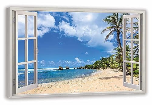 HUBDECO Leinwandbild Fensterblick Palme Bild 100x70 cm - Landschaftsbilder auf Leinwand - Wandbilder Wohnzimmer - Bild Fenster mit Ausblick - Aesthetic Room Decor - Wanddeko Schlafzimmer von HUBDECO