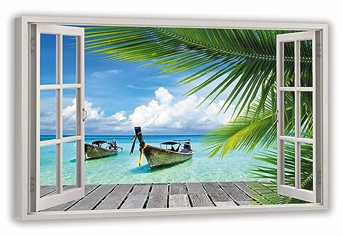 HUBDECO Leinwandbild Fensterblick Palmen und Boote 100x70 cm - Landschaftsbilder auf Leinwand - Wandbilder Wohnzimmer - Bild Fenster mit Ausblick - Aesthetic Room Decor - Wanddeko Schlafzimmer von HUBDECO