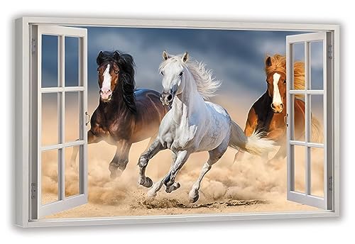 HUBDECO Leinwandbild Fensterblick Pferde galoppieren Bild 120x80 cm - Landschaftsbilder auf Leinwand - Wandbilder Wohnzimmer - Bild Fenster mit Ausblick - Aesthetic Room Decor - Wanddeko Schlafzimmer von HUBDECO