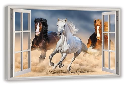 HUBDECO Leinwandbild Fensterblick Pferde galoppieren Bild 70x50 cm - Landschaftsbilder auf Leinwand - Wandbilder Wohnzimmer - Bild Fenster mit Ausblick - Aesthetic Room Decor - Wanddeko Schlafzimmer von HUBDECO