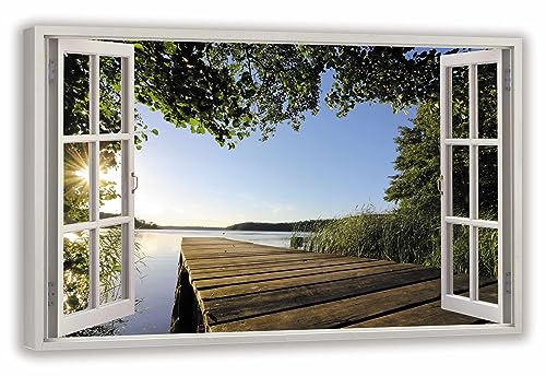 HUBDECO Leinwandbild Fensterblick Pomost-See Bild 120x80 cm - Landschaftsbilder auf Leinwand - Wandbilder Wohnzimmer - Bild Fenster mit Ausblick - Aesthetic Room Decor - Wanddeko Schlafzimmer von HUBDECO