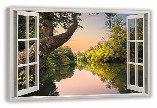 HUBDECO Leinwandbild Fensterblick See Bild 120x80 cm - Landschaftsbilder auf Leinwand - Wandbilder Wohnzimmer - Bild Fenster mit Ausblick - Aesthetic Room Decor - Wanddeko Schlafzimmer von HUBDECO