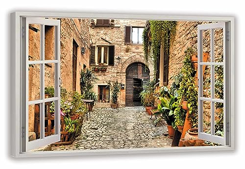 HUBDECO Leinwandbild Fensterblick Spanien-Straße Bild 70x50 cm - Landschaftsbilder auf Leinwand - Wandbilder Wohnzimmer - Bild Fenster mit Ausblick - Aesthetic Room Decor - Wanddeko Schlafzimmer von HUBDECO