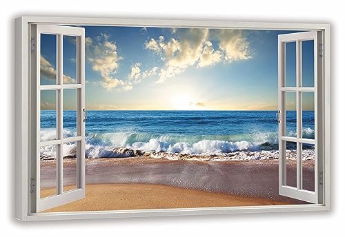 HUBDECO Leinwandbild Fensterblick Strandbild Bild 70x50 cm - Landschaftsbilder auf Leinwand - Wandbilder Wohnzimmer - Bild Fenster mit Ausblick - Aesthetic Room Decor - Wanddeko Schlafzimmer von HUBDECO