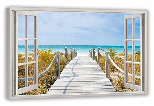 HUBDECO Leinwandbild Fensterblick Strandeingang Bild 70x50 cm - Landschaftsbilder auf Leinwand - Wandbilder Wohnzimmer - Bild Fenster mit Ausblick - Aesthetic Room Decor - Wanddeko Schlafzimmer von HUBDECO