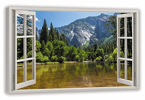 HUBDECO Leinwandbild Fensterblick Waldberge Bild 120x80 cm - Landschaftsbilder auf Leinwand - Wandbilder Wohnzimmer - Bild Fenster mit Ausblick - Aesthetic Room Decor - Wanddeko Schlafzimmer von HUBDECO