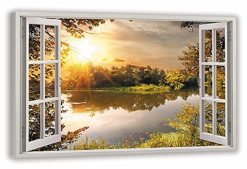 HUBDECO Leinwandbild Fensterblick Waldsee Bild 100x70 cm - Landschaftsbilder auf Leinwand - Wandbilder Wohnzimmer - Bild Fenster mit Ausblick - Aesthetic Room Decor - Wanddeko Schlafzimmer von HUBDECO