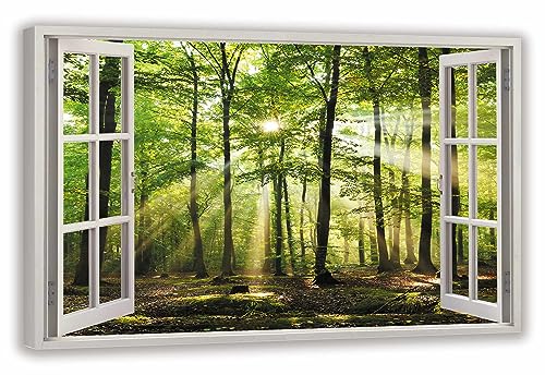 HUBDECO Leinwandbild Fensterblick Waldsonne Bild 70x50 cm - Landschaftsbilder auf Leinwand - Wandbilder Wohnzimmer - Bild Fenster mit Ausblick - Aesthetic Room Decor - Wanddeko Schlafzimmer von HUBDECO
