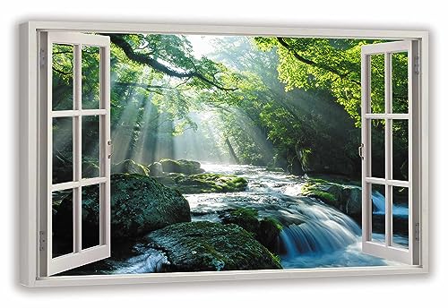 HUBDECO Leinwandbild Fensterblick Waldwasserfall Bild 100x70 cm - Landschaftsbilder auf Leinwand - Wandbilder Wohnzimmer - Bild Fenster mit Ausblick - Aesthetic Room Decor - Wanddeko Schlafzimmer von HUBDECO