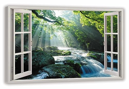 HUBDECO Leinwandbild Fensterblick Waldwasserfall Bild 70x50 cm - Landschaftsbilder auf Leinwand - Wandbilder Wohnzimmer - Bild Fenster mit Ausblick - Aesthetic Room Decor - Wanddeko Schlafzimmer von HUBDECO
