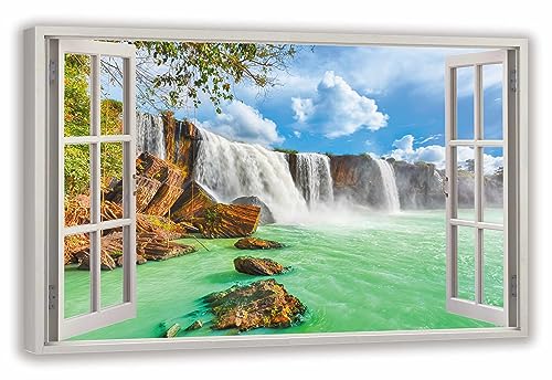 HUBDECO Leinwandbild Fensterblick Wasserfall Bild 120x80 cm - Landschaftsbilder auf Leinwand - Wandbilder Wohnzimmer - Bild Fenster mit Ausblick - Aesthetic Room Decor - Wanddeko Schlafzimmer von HUBDECO