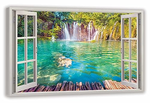 HUBDECO Leinwandbild Fensterblick Wasserfall Kroatien Bild 120x80 cm - Landschaftsbilder auf Leinwand - Wandbilder Wohnzimmer - Bild Fenster mit Ausblick - Aesthetic Room Decor - Wanddeko Schlafzimmer von HUBDECO