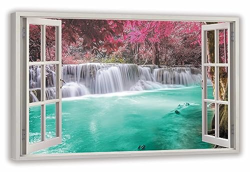 HUBDECO Leinwandbild Fensterblick Wasserfall Thailand Bild 100x70 cm - Landschaftsbilder auf Leinwand - Wandbilder Wohnzimmer - Bild Fenster mit Ausblick - Aesthetic Room Decor - Wanddeko Schlafzimmer von HUBDECO