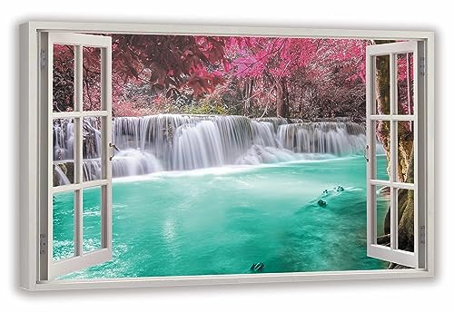 HUBDECO Leinwandbild Fensterblick Wasserfall Thailand Bild 120x80 cm - Landschaftsbilder auf Leinwand - Wandbilder Wohnzimmer - Bild Fenster mit Ausblick - Aesthetic Room Decor - Wanddeko Schlafzimmer von HUBDECO