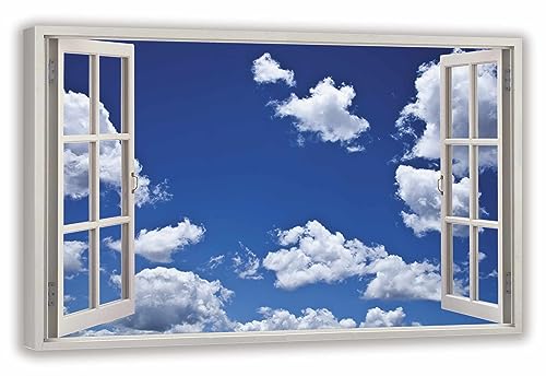 HUBDECO Leinwandbild Fensterblick Wolken Bild 120x80 cm - Landschaftsbilder auf Leinwand - Wandbilder Wohnzimmer - Bild Fenster mit Ausblick - Aesthetic Room Decor - Wanddeko Schlafzimmer von HUBDECO