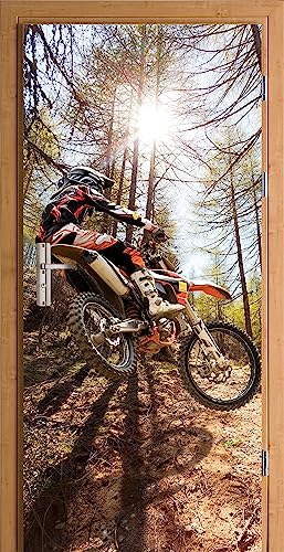 HUBDECO Türwandbild - Selbstklebende Türaufkleber - Wandbilder Aufkleber - Fantasi, Kunst, Leinwand Tapete - Türaufkleber - für Türen, Möbel, Schränke, Spiegel - 88x200cm - Wald-Motocross von HUBDECO