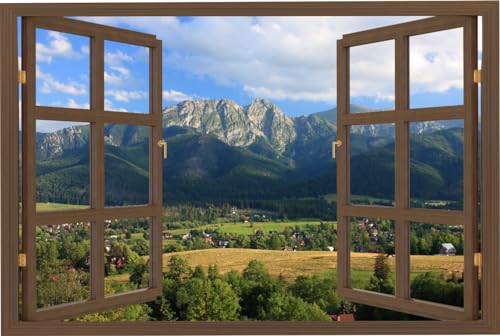 HUBDECO - Wandtattoo - Wanddeko - Selbstklebende Folie - Fototapete - Wandsticker - Fototapete 3d Effekt - Selbstklebende Tapete - Fenster & Berg Motiv - Stadt, Tatra, Berge - 150x100cm von HUBDECO